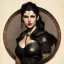 Placeholder: painted portrait of evil goddess in black leather, angry, strong, volouptous, chesty, cleavage, intricate, elegant, highly detailed, digital painting, artstation, concept art, smooth, sharp focus, illustration, art by gaston bussiere and alphonse mucha