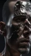 Placeholder: Busch painting style nightmare, a zoomed side view of a man his head is a broken metallic skin texture in a 3d rendering full-height image of a grim and dark scene. Ensure the final images exhibit the utmost quality, encompassing 4K, 8K, and 64K resolutions, with 3D rendering that manifests in photorealistic, hyperrealistic, and highly detailed representations. Employ techniques such as HDR, UHD,