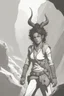 Placeholder: A DnD character. A female horned Tiefling ranger with pointy ears standing in a cave. The Tiefling has curly hair and a little pterosaurs on her shoulder.