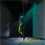 Placeholder: Minimal abstract oil painting of a person limbs sinew. in concrete warehouse brutalist architecture and hanging wires illuminated at night. With triadic colours. In the style of Justin Mortimer and Francis bacon