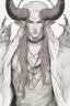 Placeholder: A dnd character portrait, a tiefling man with long hair and long black horns, white eyes and pale skin.