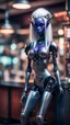 Placeholder: full body portrait of robotic dark elf drow princess chilling at the metro barber shop tool shed,bokeh like f/0.8, tilt-shift lens 8k, high detail, smooth render, down-light, unreal engine, prize winning