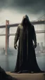 Placeholder: Bosch nightmares paining style Title:the angry giant hooded creature standing tall in front of San Francisco golden bridge , 8k artistic photography, photorealistic concept art, soft natural volumetric cinematic perfect light, chiaroscuro, award-winning photograph, masterpiece, oil on canvas, Raphael, Caravaggio’s, Greg Rutkowski, people, beksinski, Giger