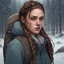 Placeholder: survival; digital art; portrait; young woman; ash brown hair; braids; mismatched eyes; two eye colors; heterochromia iridum eyes; soft details; soft light; detailed; winter clothes; mismatched clothes; backpack; scouting; shelter