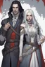 Placeholder: A couple, from the dnd game curse of Strahd. The woman has long white hair and blue eyes, the man has LONG BLACK hair and red eyes, no facial hair.