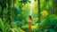 Placeholder: A vibrant, tropical Eden teeming with exotic flora and fauna, where a native woman offers a fruit as a symbol of gratitude, sunlight filtering through the lush canopy.
