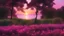 Placeholder: Sea, trees, sunset and pink flowers