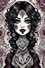 Placeholder: silk screen caricature illustration of satin cloth female goth rag doll overlayed with Zentangle patterns tattoos, highly detailed, vibrant natural color,