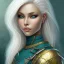 Placeholder: D&D cleric, female, platinum blonde hair, happy, teal armor, gold iris