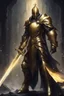 Placeholder: holy knight paladin in darkly gold armor and a cape wielding a sword in abyss