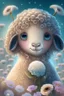 Placeholder: Happy and cute Scottish Highland sheep with dreamy sparkling eyes, gender girl, 4K resolution quality, sitting and holding a flower, nursery art, very beautiful and highly polished, with full details, smooth edges, soft hair and cotton O, flawless facial features, stunning, whimsical fantasy, beautiful, detailed, well-rendered, cartoon, illustration