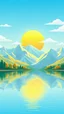 Placeholder: flat style - morning colorful landscape.. a calm lake with light soft blue water. The white sky background features vibrant colors , many white,yellow mountains with pastel blue hues, and a large, radiant yellow big sunrise in the sky. The overall style is vibrant, cartoonish, and detailed, with bright, bold colors and well-defined shapes. The lighting vibrant and style is vector .
