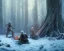 Placeholder: Geralt of Rivia, Jaskier the Bard, snowy forest scene, around a campfire, Jaskier playing his lute, monster lurking in background behind a tree, DSLR, panorama, complementary colours, splash of colour, hyperrealism, 8k resolution concept art, intricately detailed