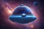 Placeholder: cosmic blue spaceship traveling in the sky, transparent bubbles, near the Earth, stars, planets, extraterrestrial beings, galaxy