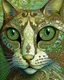 Placeholder: Detailed Surreal Portrait of Oriental blue and white tabby cat, with a triangular slender white face, large ears and green eyes by Gustav Klimt muted colors.
