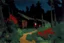 Placeholder: Night, cabin, pine trees, pathway, red flowers, edouard manet impressionism painting