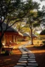 Placeholder: Create a village of 20 thatch-roofed A-frame modern cottages sitting on 4 acres that would serve as a resort in Kenya. Lay the paths organically with no pattern.