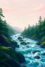 Placeholder: A mesmerizing Ghibli-style river flowing with strong, powerful waves. The river winds through a lush, vibrant forest with towering trees and dense, emerald-green foliage. The waves are animated and almost alive, crashing against large, moss-covered rocks that line the riverbank. The sky above is a soft, pastel gradient, transitioning from light pinks and oranges to a calming blue. The scene exudes a sense of magic and wonder, as if the river holds ancient secrets within its depths.