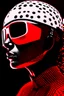 Placeholder: woman with red paint on full face, black round sunglasses, black and white swimming cap on head, black turtleneck, side view by joe scott , afrofuturism, futuristic, pop art, geometric, bizarre, surreal