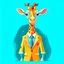 Placeholder: Cute smiling giraffe. Bright, cheerful colors. She wears a suit