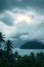 Placeholder: Creat a cost of an island filled with palms tree with a mountain in the background and a thunderstorms and rain and foggy clouds and high waves, cinematic, 8k, high quality photo , thine line draw texture and dim sun light behind the clouds