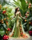 Placeholder: 📷🍓💃 length image full body sweet pose pretty woman super model wearing a beautiful high details natural beuty color unique gown costume made of full elements varieties tropical fruits,full of green leaves and variaties roses,orchids flowers jungles background