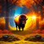 Placeholder: Nærøyfjorden Verdsarvpark, trippy vaccine, with centered closeup of an ancient bison,sun,mist,autumn, in the style of pixar