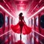 Placeholder: In the pulsating space station, a figure in a red frilly dress from Agent Provocateur glides through a shining corridor, with windows revealing the vast expanse of outer space. The outfit's fabric flutters around her like a crimson nebula, drawing the eyes of passersby. She exudes an ethereal beauty, a celestial being navigating the cosmic chaos with elegance and allure.