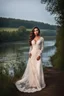 Placeholder: very pretty lady with makeup and lace loose over standing in countryside next to river and tree with a pose