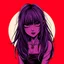 Placeholder: anime art style,a long wave hair girl,yandere,cute,kawaii,in purple color,gloomy,twisted,death metal logo style,twisted line,pure dark red background,bloody gore,metal art style,thin lines,wild art,brutal death metal,in close up