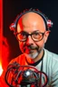 Placeholder: Portrait of a man with a radio helmet on his head. Wearing glasses. A small beard of pepper and salt. He is bald. White. He is a metal fan and. Flames surround him. In the background, a robot gives him a finger of honor.