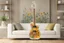 Placeholder: A lovely clear transparent resin guitar with wildflower design in a modern room in sunshine