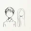Placeholder: minimal continuous one-line portrait of a boy with black hair, and no face and a girl with long hair parted in the middle and no face, expressive and abstract, pen on textured paper