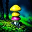 Placeholder: "Close up of a wonderful tiny Mushroom Tower home. Yellow and Magenta with bright white, deep black and contrasting tones of gray. Illuminated bioluminescent forest. Professional painter, master at composition. small but detailed. broken, blurred background, voluminous lighting"