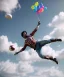 Placeholder: Ultra realistic speed clouds sky scene, wide angle view, strong men falling down with many Childs, circus clothing style, feather color clothing, free jumping flying, many trinkets, hair monster, many jelly beans, balls, color smoke, smile, happy, extreme, wind, clouds sea, 20,000 feet altitude, stratosphere, soft color, highly detailed, unreal engine 5, ray tracing, RTX, lumen lighting, ultra detail, volumetric lighting, 3d, finely drawn, high definition, high resolution.