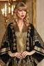 Placeholder: Taylor swift wearing islamic culture black Moroccan caftan 4k golden patterns high qualité