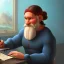 Placeholder: leonardo da vinci works in his study on a laptop at his desk. painting in photoshop. hyperdetailed, warm colors, movie poster, photoillustration, oil on canvas, lens flare