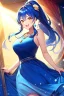 Placeholder: girl, masterpiece, best quality, cinematic lighting, detailed outfit, perfect eyes, blue hair, golden eyes, long hair, ponytail, laughing, spotlight, hair flower, blue dress, sparkle, necklace, earrings, indoors,