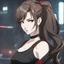 Placeholder: A portrait headshot of a confident looking young woman with pale skin, red eyes, and long brown hair pulled into a ponytail in a dark modern setting with intricate details. She is wearing black and red casual clothes, an air of malevolent power surrounds her. Anime style. High definition.