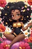 Placeholder: A sassy thick-lined comic book art cartoon black chibi girl lounging lazily on her side, surrounded by flower petals. She has a golden lion tail curling playfully behind her curvy body. Looking up coyly, she grins widely, showing sharp lion teeth. Her poofy hair forms a mane framing her confident, regal expression.