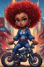 Placeholder: abstract art illustration of the chibi cartoon character, a voluptuous black female in a blue jean outfit with biker boots. Her prominent makeup and hazel eyes, along with her detailed red curly tight afro, are featured in this image, set against the background of a lively bike show.