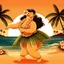 Placeholder: Create a whimsical illustration of a curvy Hawaiian woman doing the hula dance on a beach with palm trees in the background, give her a flower lei, a grass skirt, and make it look like a vintage postcard, setting at dusk, 80k