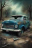 Placeholder: Bosch painting style nightmare , an old abandoned 1960 black ford car