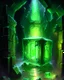 Placeholder: gelatinous cube in vast iron dungeon corridor lit with green torches rpg art painterly