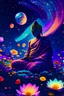 Placeholder: Photorealistic buddah, vibrant colors everywhere, sitting on a bed of flowers in space, meditating with closed eyes night sky with a view of stars and planets behind him, illustration, highly detailed, simple, smooth and clean, vibrant colors, smooth, artstation