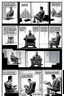 Placeholder: a page divided into 6 rectangular panels, each with different views of a man strapped to a chair and being interrogated, lower and higher perspectives, front and back, overhead light, suspenseful torture graphic novel, comic book