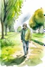 Placeholder: Watercolored crying man walking in a park