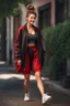 Placeholder: full body ,young woman with clear eyes, messy bun hair, bouncing looking back, soft velvet red/black two piece printed outfit, morning sun, cute, full body, ultra realistic, a variety of small details in the background, hyper realistic, surprised, sweet smile, 8k, HDR, 500px, by Koos Roos