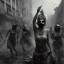 Placeholder: women, faces covered in black masks, ragged clothes, holding flag, war-torn, destroyed city in the background, 8k resolution, hyperrealistic, detailed matte painting, b&w, dynamic lighting, war, anarchy, terrorists, revolution, fine-detail, high-quality