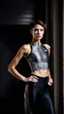 Placeholder: photography of a beautiful anorexic woman, grey satin triathlon top, brunette wavy pixie haircut, pronounced sternum, flat chest, grey satin cycling leggins